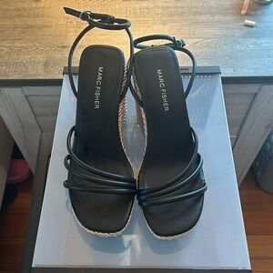 Mark Fisher black sandals with tan rope wedge. Size 7